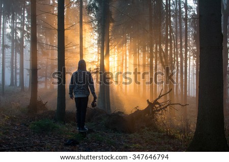 Young photographer standing in a forest in the mist at sunrise