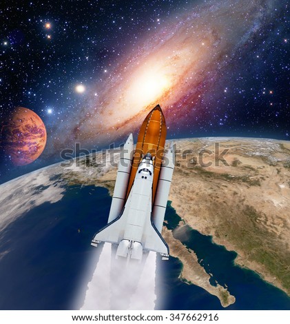 Shuttle rocket ship launch milky way galaxy mars planet moon space. Elements of this image furnished by NASA.