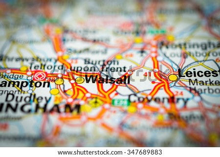 Macro view of Walsall, United Kingdom on map. (vignette)