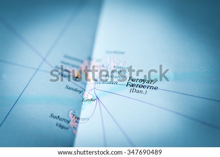 Macro view of Feroe Islands on map. (vignette)