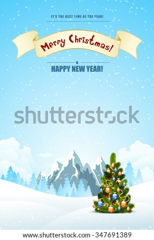 Merry Christmas Landscape with Mountains and Snow