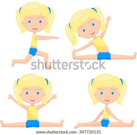 Caucasian girl with blonde hair doin morning work-out. cartoon illustration