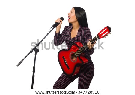Woman playing guitar and singing isolated on white