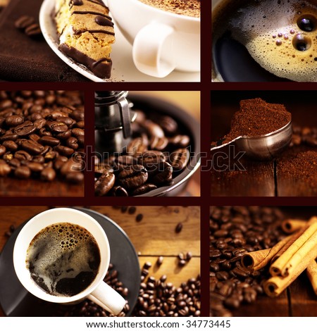 Coffee collage with brown background. Coffee collage. Glass of Espresso and coffee beans. Glass of coffee and tasty cookie. Symbolic image. Coffee background. Close up.  Royalty-Free Stock Photo #34773445