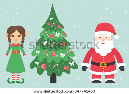 santa claus and girl elf with braid and fir-tree 