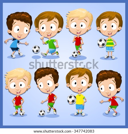 Very adorable boy character set with different poses playing football