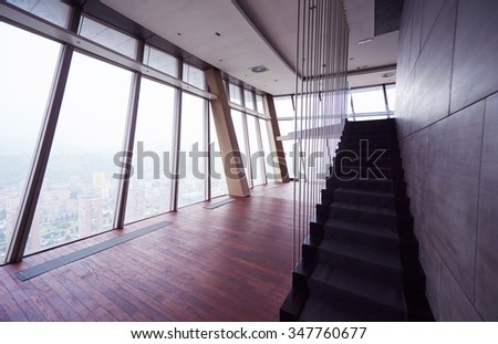 empty penthouse,  modern bright duplex office apartment interior  with staircase and big windows