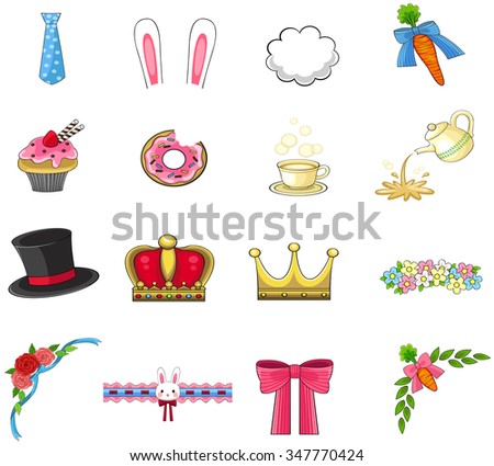 Cute rabbit cafe item, pet accessories, and decoration object icon collection set used for graphic design sticker and clip art, create by cartoon vector