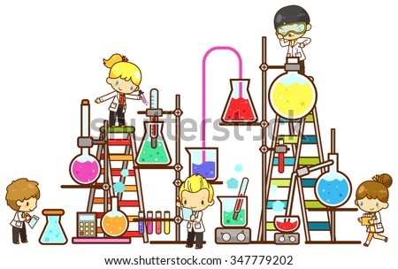 Cartoon children kid student are studying chemistry, working and experimenting in massive cooling tower refinery laboratory with huge test tube beaker and science tool in isolated background (vector) Royalty-Free Stock Photo #347779202