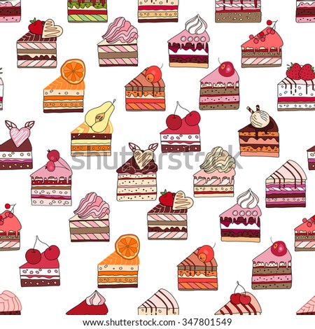 Seamless pattern with fruit cake slices. Different taste and color.