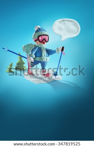 Plasticine. Winter sport. Cartoon skier. Isolated on blue