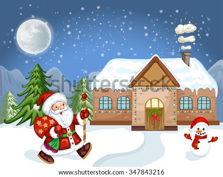 Merry Christmas Card. Illustration white Christmas house, Christmas tree ,Santa Claus and snowman