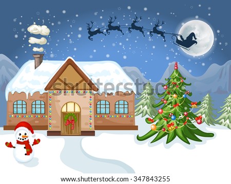 Merry Christmas Card. Illustration white Christmas house, Christmas tree ,Santa Claus and snowman