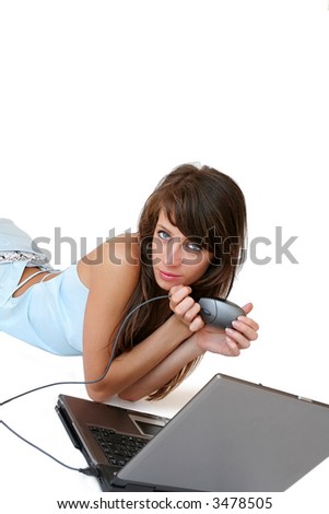 Girl with laptop on white background.