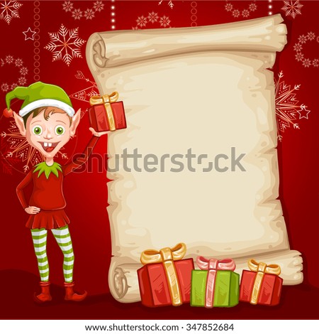 Christmas card with gifts and an elf 