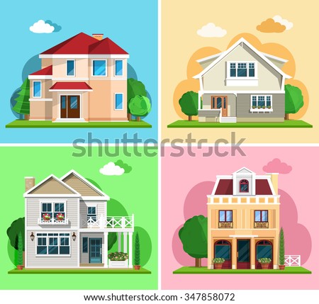 Set of detailed colorful cottage houses. Flat style modern buildings. Vector illustration Royalty-Free Stock Photo #347858072