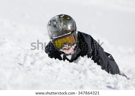 Male skier skiing in fresh snow on ski slope on a sunny winter day at the ski resort Soelden in Austria.