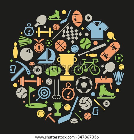 Sports Symbols Vector Illustration. Variety of sports equipment symbols arranged in circular shape on black background