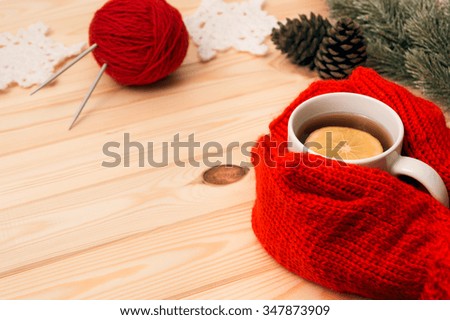 Woman in mittens gives a hot tea and knitted Christmas decoration