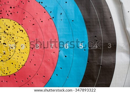 Close up of a shooting target and bullseye with holes, drilled background Royalty-Free Stock Photo #347893322