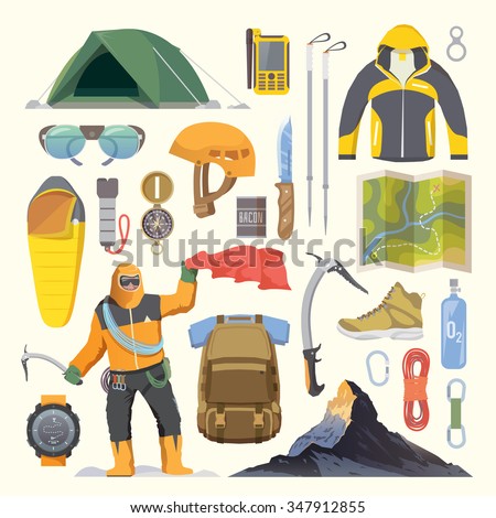 Beautiful set of flat vector icons on the theme of Climbing, Trekking, Hiking, Mountaineering. Extreme sports, outdoor recreation, adventure in the mountains, vacation. Achievement. Modern flat design