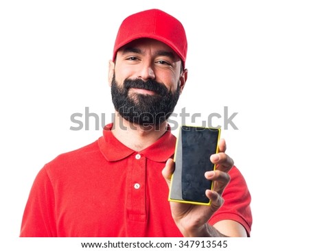 Pizza delivery man holding a mobile