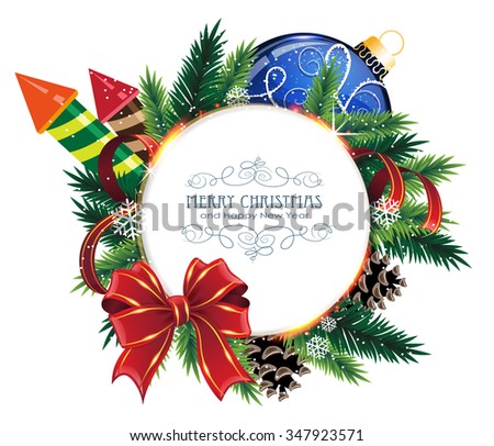 Christmas ornaments with bow, ribbon, firework rockets and fir tree branches on white background. 
Christmas card with round place for text