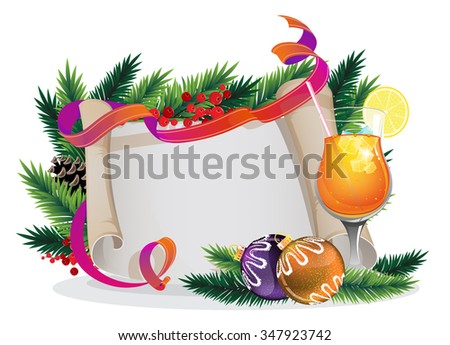 Christmas wreath with baubles, parchment and cocktail on a white background
