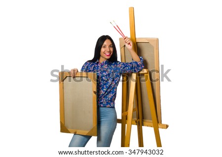 Artist working on palette isolated on white