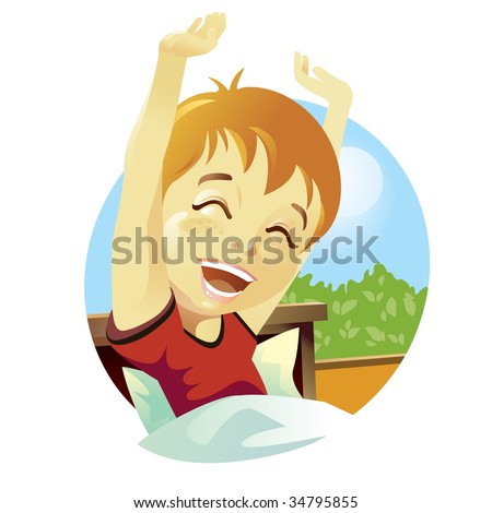 Boy waking up, stretching arms.