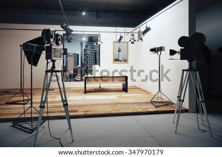 Film studio with cameras and movie equipment 3D Render Royalty-Free Stock Photo #347970179