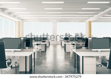 Open space office in loft style hangar with windows in floor and city view 3D Render Royalty-Free Stock Photo #347975279