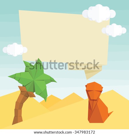 Origami monkey, palm tree, text baloon and clouds. Vector simple flat illustration. Summer cartoon