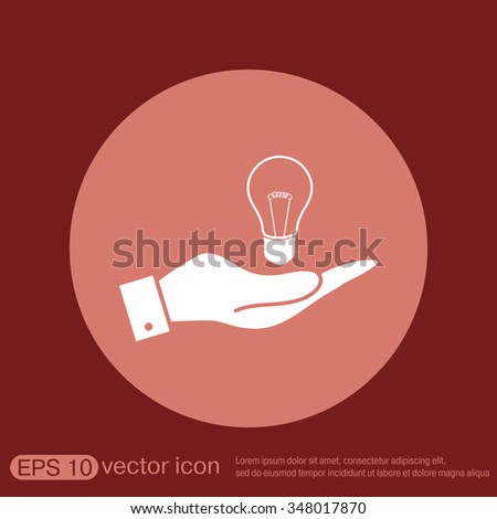 hand holding a lightbulb sign. character ideas. incandescent lamp . icon of electric light