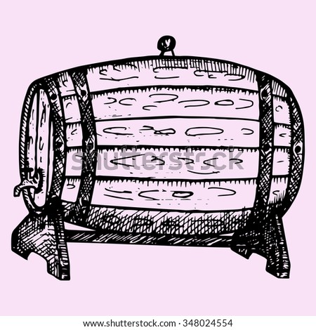 wooden whiskey, beer, rum, wine barrel with tap, doodle style, sketch illustration, hand drawn, raster