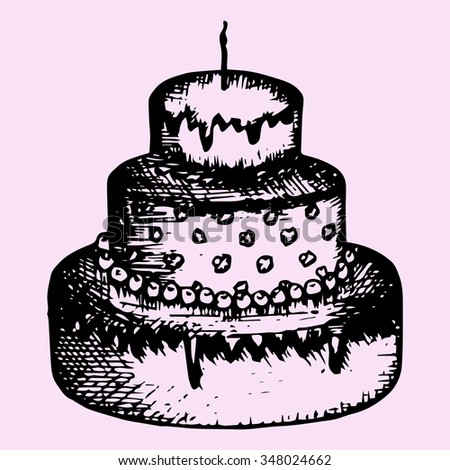 three-tiered cake with candle, doodle style, sketch illustration, hand drawn, raster