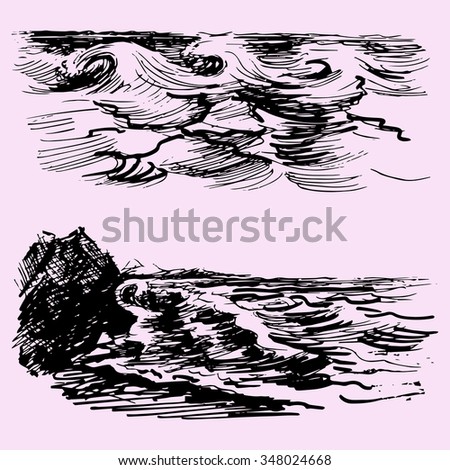 set of the sea or ocean wave, doodle style, sketch illustration, hand drawn, raster