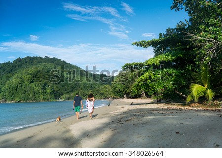 Rear view of couple with dog walking on sandy beach, Trinidad, Trinidad and Tobago