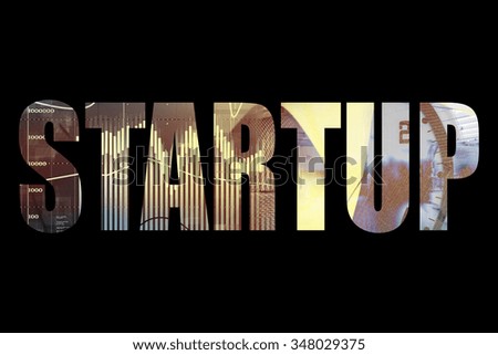 Startup inscription with photos in letters. Businessman in a suit.