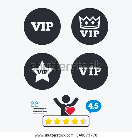 VIP icons. Very important person symbols. King crown and star signs. Star vote ranking. Client like and think bubble. Quotes with message.