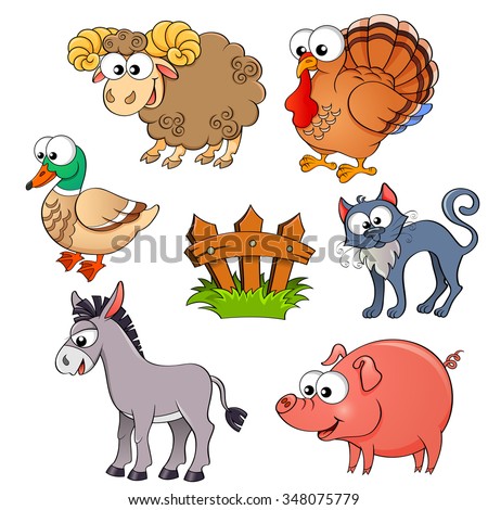 Set of cute cartoon farm animals. Sheep, turkey, duck, cat, donkey, pig and fence