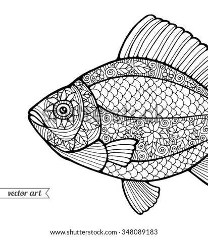 Fish, ornamental graphic fish, floral line pattern. Vector. Zentangle. Coloring book page for adult. Hand drawn artwork. Bohemia concept for restaurant menu card, branding, logo label. Black and white