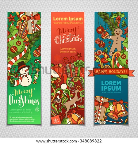 Vector set of colourful Christmas banners. Three vertical templates for your festive design. Christmas tree and baubles, snowman and gingerbread man, deer and gifts, bells.