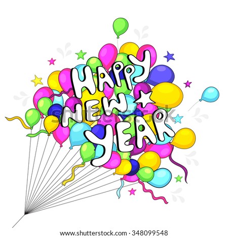 Colorful flying balloons and stars decorated greeting card design for Happy New Year celebration.