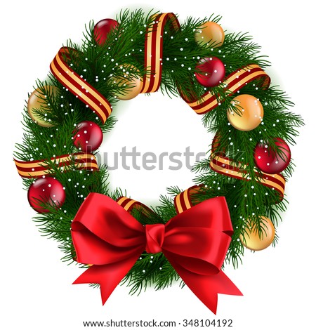 Christmas Wreath with ribbons, balls and bow isolated Royalty-Free Stock Photo #348104192
