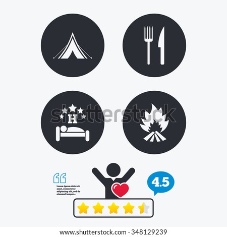 Food, sleep, camping tent and fire icons. Knife and fork. Hotel or bed and breakfast. Road signs. Star vote ranking. Client like and think bubble. Quotes with message.