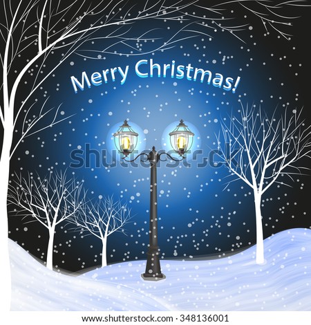 Christmas and New Year greeting card with vintage lantern on winter background.