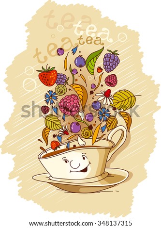 vector illustration depicting funny tea cup and saucer with dry herbs, raspberries, blueberries, strawberries, fruit trees, dry leaves.