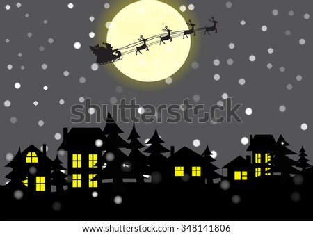 Christmas village and Santa Claus in the background of the moon.