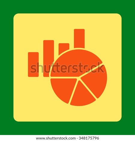 Charts vector icon. Style is flat rounded square button, orange and yellow colors, green background.